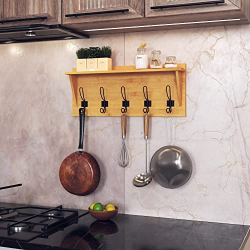 Hbcy Creations Rustic Wall Mounted Coat Rack With Shelf - Solid Wood 24" Entryway Shelf With 5 Coat Hangers. Perfect Touch For Your Entryway, Mudroom, Kitchen, Bathroom And More, Bamboo #TOP4