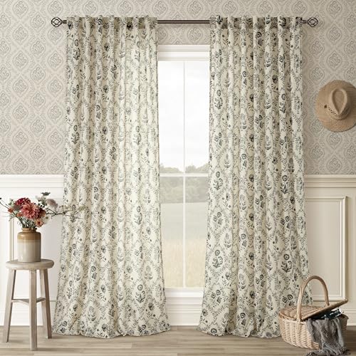 Image of Floral Linen Curtains 108 Inch Length for Living Room Sage Charcoal