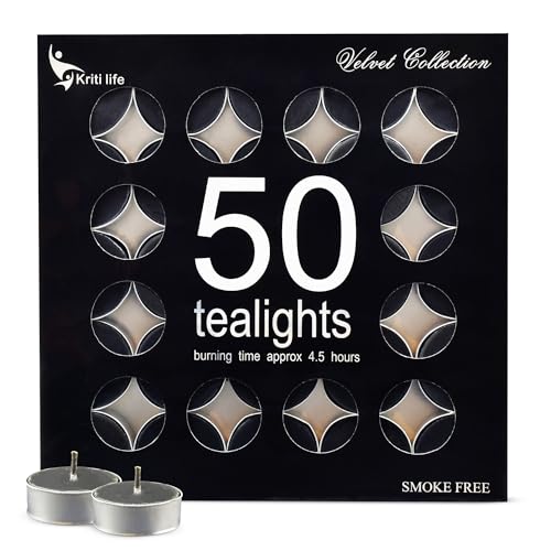 Image of Kriti Life Musk Scented Tealight Candles - 100% Paraffin Wax, Smokeless, Long Burn Time (4.5 Hours), Dripless Black Candles for Home Decor, Diwali, Weddings & Meditation - Set of 50