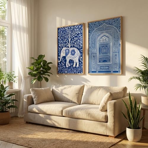 Image of Livin'luxe Set of 2 Blue Elephant Arch Wall Paintings for Living Room Bedroom Home Decor with Premium Wooden Color Synthetic Frame (13.5 x 19.5 Inch) NM02-59