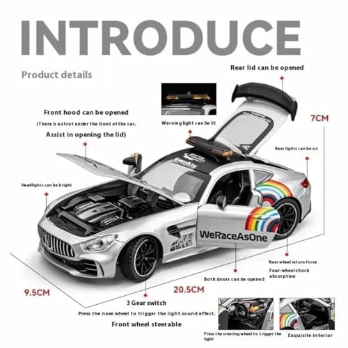 Image of PLUSPOINT Die cast Metal AMG-GT3 F1 Edition 1:24 Car Realistic Scale Model, Pull Back Diecast Classic Vehicles Alloy Simulation Supercar with Lights and Sound Collection and Gift for Aldult, Kids