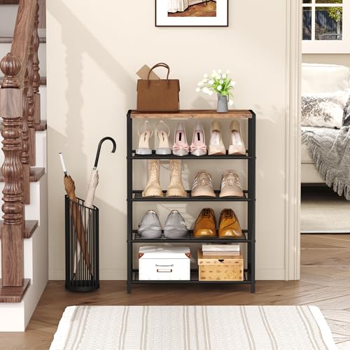 Image of HOMEFORT 5-Tier Shoe Rack, Shoe Storage Shelf with MDF Top Board, Shoe Rack Organizer, Each Tier Fits 3 Pairs, Entryway Shoe Stand with Sturdy Shelves, Rustic Brown