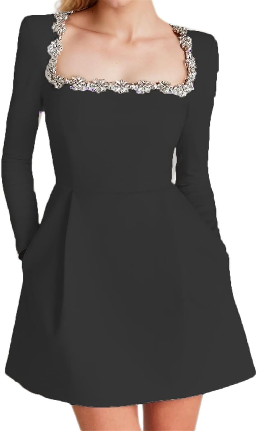 Long Sleeve Wedding Dresses for Brides Square Neck Beaded Satin Short Bridal Gowns with Pockets