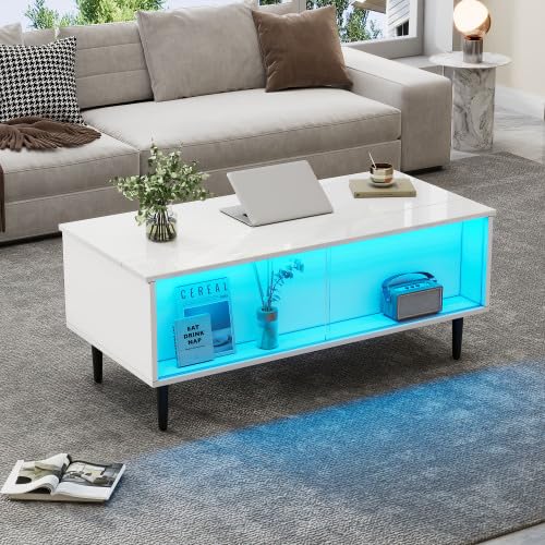 Merax Tavolino da salotto regolabile in altezza con LED, tavolo da soggiorno e tavolino da caffè bianco, moderno mobili da soggiorno