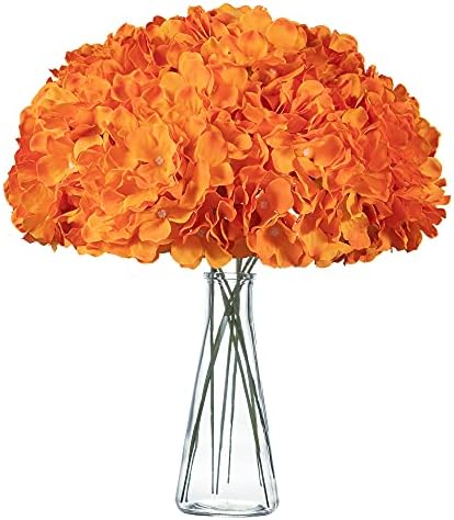 Orange Hydrangea Silk Fake Flowers Heads with Stems, Artificial Flowers for Decoration Wedding Home Party Shop Baby Shower,Room Decor for Bedroom Aesthetic, Pack of 10
