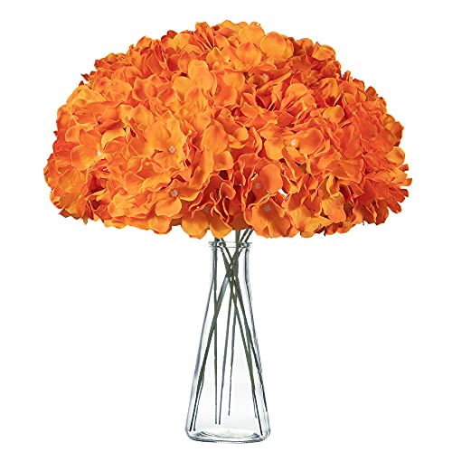 Orange Hydrangea Silk Fake Flowers Heads With Stems, Artificial Flowers For Decoration Wedding Home Party Shop Baby Shower,Room Decor For Bedroom Aesthetic, Pack Of 10 #TOP3