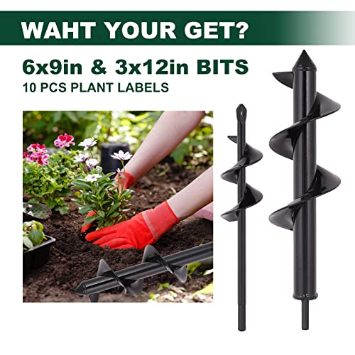 Comoware Garden Auger Spiral Drill Bit Set- 3'' X 12" And 1.6'' X 9" Rapid Planter For 3/8” Hex Drive Drill - For Tulips, Iris, Bedding Plants And Digging Weeds Roots, Post Hole Diggers #TOP3
