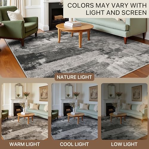 Area Rugs 8x10 for Living Room Bedroom, Modern Abstract Machine Washable Large Soft Black Rug, Low Pile Floor Carpet with Non Slip Backing for Dining Room, Carbon Black