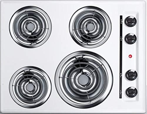 Summit Appliance WEL03 24" Wide 220V Electric Cooktop in White Finish Fits Popular Cutout Size with 4 Coil Elements, Porcelain Cooking Surface, Recessed Top, Push-to-turn Controls