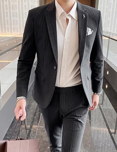 Men's Stripe Suit One Button Formal Business Tuxedos Notch Lapel Jacket Pants3