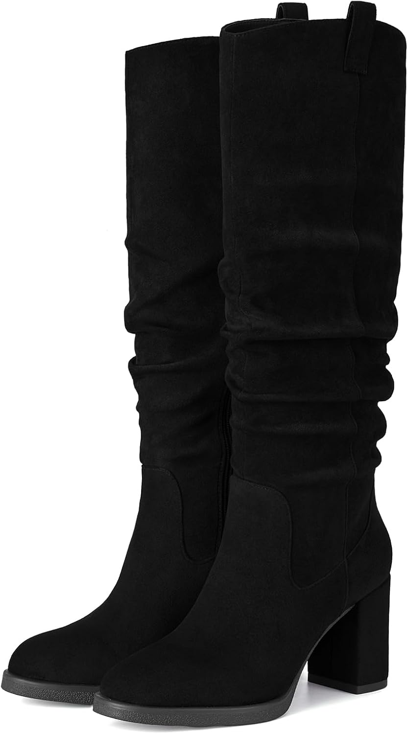 Suede Knee High Boots for Women - Tall Chunky High Heel Dress Boot with Side Zipper, Round Toe Ruched Slouch Block Long Boots for Ladies, Stylish Fall Boot for Work, Party & Everyday Wear - Image 5