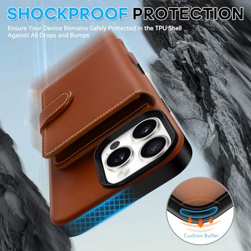 SHIELDON Genuine Leather Case for iPhone 16 Pro 6.3", Undetachable Magnetic Card Wallet Holder with RFID Blocking 6 Card Slots, Slim Protective Cover Compatible with iPhone 16 Pro 2024 - Retro Brown by SHIELDON - Image 8
