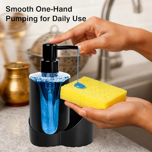 Image of Kitchen Sink Soap Dispenser Set - Dual Pump for Hand & Dish Soap, Sponge & Brush Holder, Refillable Sink Organizer (Single Black)