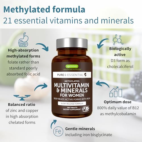 Image of Igennus High Potency Methylated Multivitamin for Women with Gentle Iron, 5-MTHF Folate & Methylcobalamin B12, Pure & Clean, Sustained Release, Active B-Complex & K2 MK-7, Non-GMO, 180 Vegan Tablets