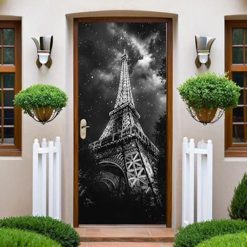 Thème Du Ciel Étoilé Autocollant Porte Tour Eiffel en noir profond Stickers de Porte 73x204 cm...