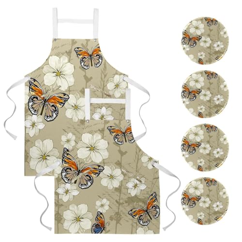 Lot de 2 tabliers de cuisine fleur de magnolia blanc et papillon pour bistrot