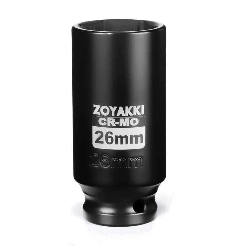 Soquete de Impacto Profundo 26 mm, Encaixe de 12,7 mm (1/2 pol.), 6 Pontos, CR-MO para Porcas de Eixo ZOYAKKI