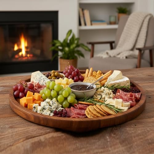 Image of Round Wood Tray for Coffee Table, Wooden Serving Tray, Decorative Trays for Home Decor (11x11 Inch)