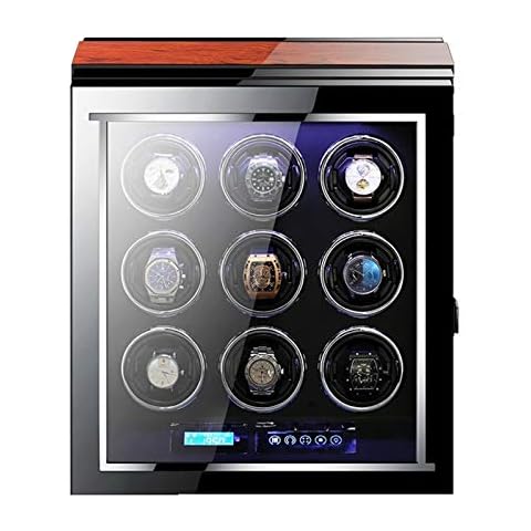 ZNND Watch Winder for 9 Automatic Watches LCD Touch Screen Display with Remote Control Adjustable Watch Pillows Built-in LED Light Cover