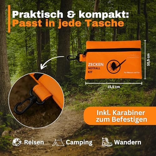 Alpenstern® Zecken Entferner Kit - Für Tiere und Menschen - Zeckenentferner Hund Katze Kinder - Erste Hilfe Tasche inkl. Zeckenzange, Zeckenhebel, Zeckenhaken, Pinzette UVM. tick Remover Zeckenschutz