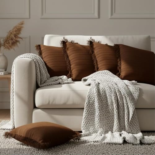 Image of Cotton Cushion Covers 16x16 Inch | Handwoven Printed Brown Decorative Square Cushion Case with Fringe | Sofa, Living Room, Bedroom, Diwan Home Decor Throw Cushion Cover