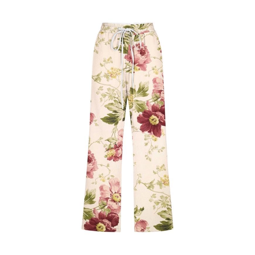 Akivide Women Casual Floral Print Linen Pant Summer Boho High Waist Straight Wide Leg Beach Lounge Capri Trouser with Pocket3