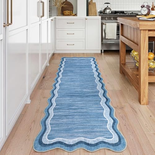 GarveeHome Washable Runner Rug 2x6 Kitchen Hallway Scalloped Rugs Non Skid Stain-Resistant Washable Modern Solid Soft Scalloped Entryway Carpet Runner for Bathroom Laundry Room Bedside(Blue,2x6)