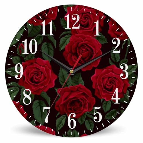 Mxocom Red Roses Pattern Wall Clock Flower Blossom Romantic Elegance 10 Inch Silent Non Ticking Battery Operated Clock Vintage Round Clock for Living Room Bedroom Bathroom Office Decor