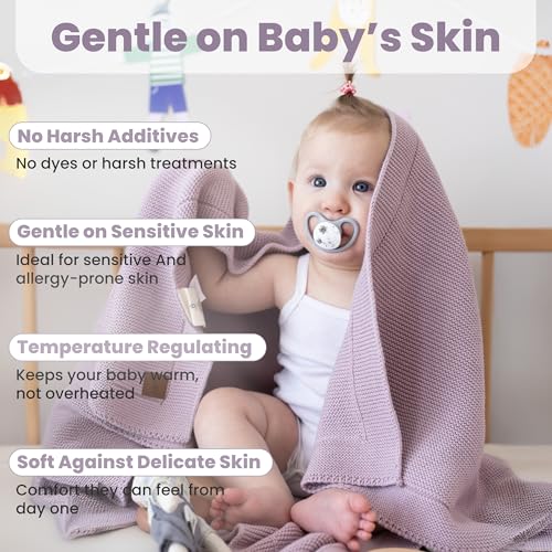 Image of 100% Organic Cotton Baby Knitted Blanket for Girls /Boy Lavender Frost 30 inchx40 inch-Swaddle and Receiving Blankets Neutral-Soft Toddler, Crib, Stroller, Newborn Baby Blanket for Nursery