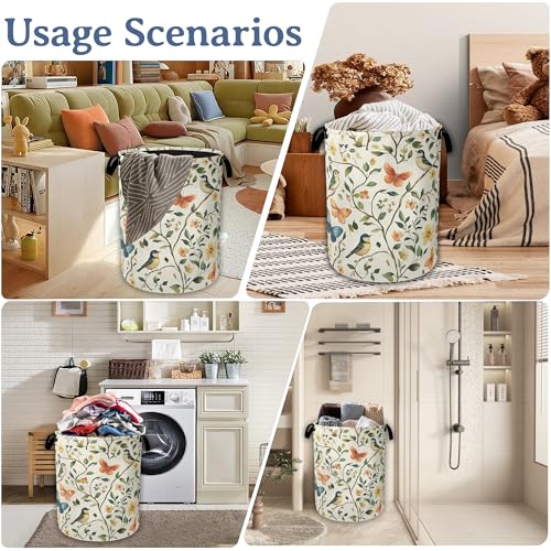 Image of Bird Butterfly Laundry Basket,Oxford Cloth Vintage Nature Laundry Hamper With Handle Foldable Portable Clothes Storage Basket for Laundry Room /Bedroom /Bathroom 20.8 inchx16 inch