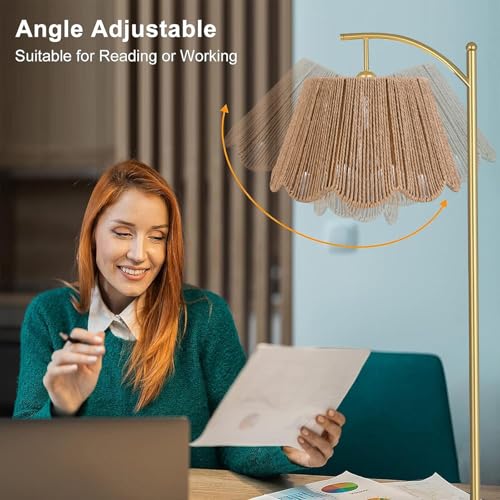 Image of Arc Floor Lamp for Living Room with Remote Control，Rattan Boho Floor Lamp with Hand-Woven Wicker Shade, Foot Switch, Gold /Silvery Metal Base & Pole,Standing Lamp for Bedroom (Gold&Paper Rope)