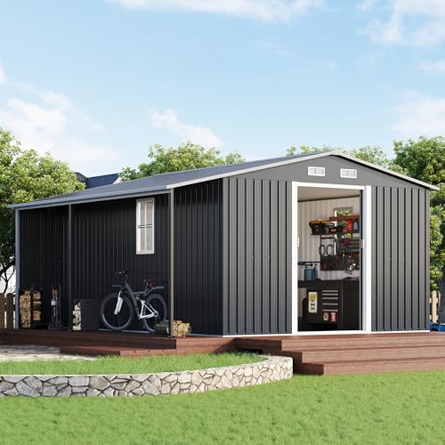 Jocisland 12x12x6.6 FT Galvanized Metal Storage Shed with Open Firewood Storage, Sliding Doors & Ramp, 2 Windows & Vents, Weather-Resistant Outdoor Tool/Garden Shed, Dark Grey/White