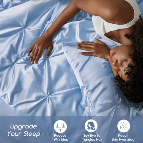 MR&HM Satin Comforter California King 7 Pieces Light Blue - Luxurious Pinch Pleat Bedding Set with Comforter, Flat Sheet, Fitted Sheet, Pillowcases & Shams, Super Silky Soft Bed Set for All Season