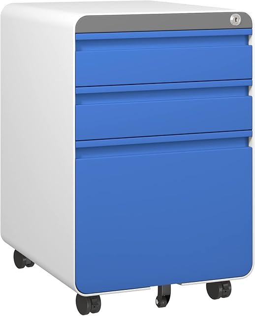 Dripex Fully Assembled 3-Drawer Mobile File Cabinet for A4 File, Lockable Metal Filling File Cabinet with Hanging File Frame and Anti-tilt Design Office Rolling Vertical File Cabinet