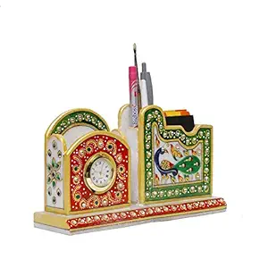 Anjali Arts Decorative Marble Pen Stand For Office Table With Round Clock | Handicraft Home Decor Designer Peacock Design Pen Holder With Rajasthani Meenakari Work For Home (Multicolor, 4x8 Inch)