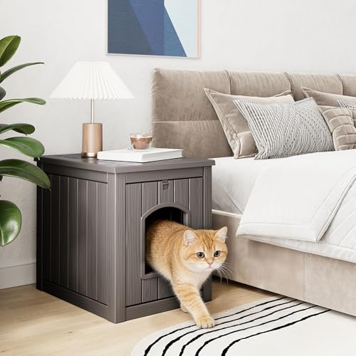 Image of Cat Litter Box Enclosure, Openable Front Door Outdoor Enclosed Cat Litter Box, Outdoor Cat House Weatherproof Raised Floor, Easy to Clean, Grey