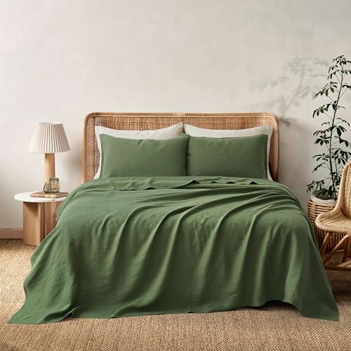 Image of ATLINIA 100% Pure Flax Linen Bedding Set - Stone Washed French Linen Fabric Deep Pocket Fitted Sheet Farmhouse Flat Sheet 2 Pillowcases (Green, California King)