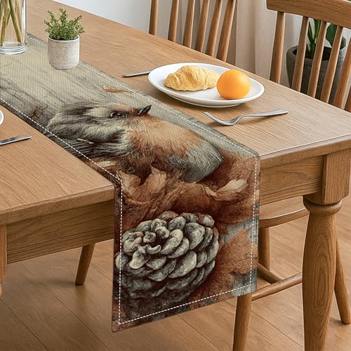 Tischläufer mit Herbstwald, rustikale Waldtiere, Tannenzapfenblätter, Esszimmer-Dekoration für Zuhause, Familienfeiern, Feiertage, Veranstaltungen, 33 x 183 cm