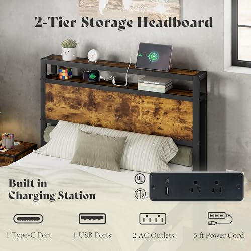 Image of AMERLIFE Twin Size Bed Frame with Storage Headboard & Charging Station, Industrial Metal Platform Bed with Large Under-Bed Storage, Heavy Duty Slats, No Box Spring Needed, Dark Brown