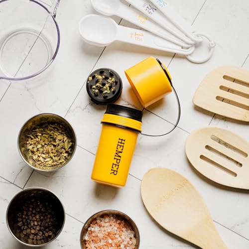 Image of Hemper Keeper 3‑in‑1 Herb Grinder with Dual Storage Container - Smell‑Proof, Airtight & Water‑Resistant - Built‑In Removable Grinder, Dual Compartments for Flower & Ground - (Yellow & Black)