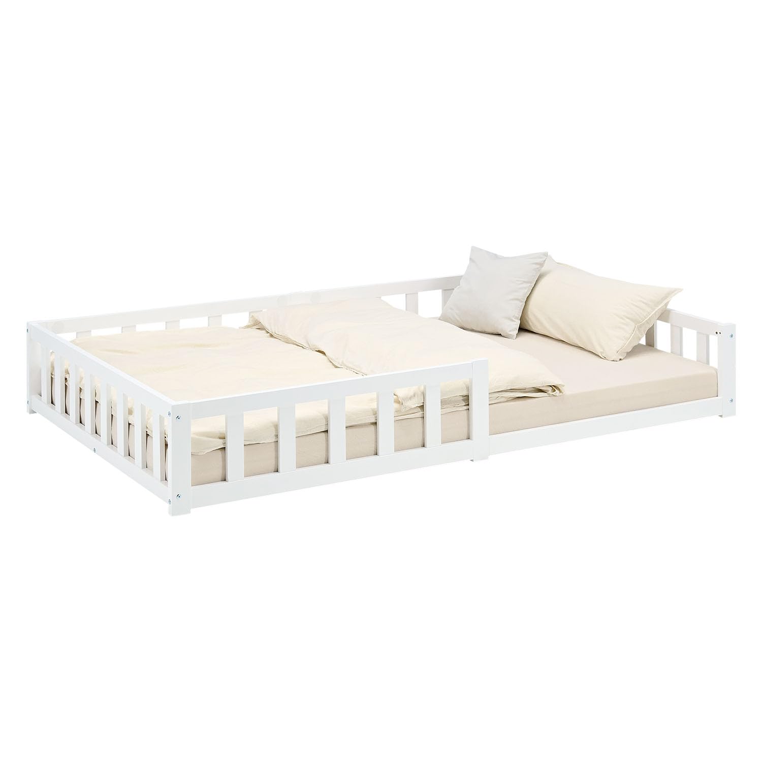 Homestyle4u Montessori 3026 Lit de sol, 120 x 200 cm, en bois, blanc, pour enfant, avec protection anti-chute, matelas et sommier à lattes