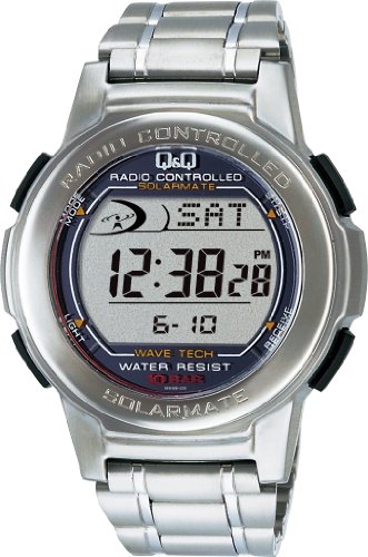 Image of Citizen Q&Q MHS5-200 Men's Digital Wristwatch, Radio, Solar, Waterproof, Date, Metal Band, Silver, Dial Color - Grey, watch