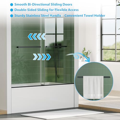 Image of Sliding Shower Door, 60 inch Wx59 inch H Glass Shower Door with Stainless Steel Frame, Double Sliding Panels, Matte Black Finish, Fits Bathtub and Bathroom