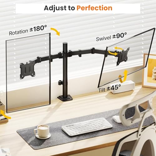 Image of Dyazo Dual Monitor Stand for Desk | Full Motion Adjustable Arms with Height Adjustment, Tilt & Swivel | Supports 13-32 Inch Screens | VESA 75 /100 Compatible with C-Clamp & Grommet Mount Base (Black)