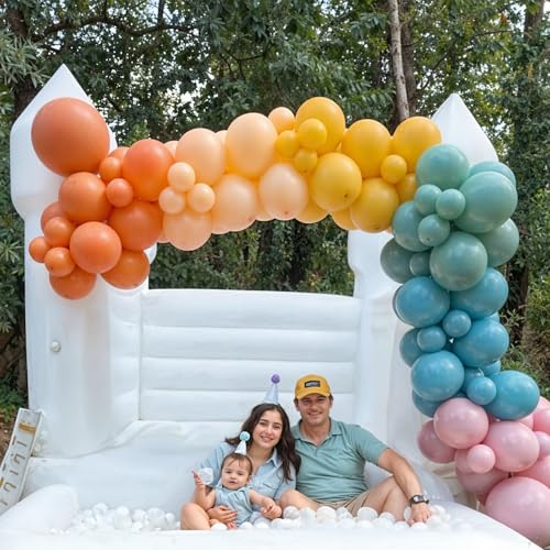Image of 144PCS Rainbow Balloon Arch Kit, Assorted Colorful Balloon Garland with Dusty Slate Blue Retro Orange Balloons, Mustard Yellow Beige Balloons for Baby Shower Boho Groovy Birthday Party Decorations