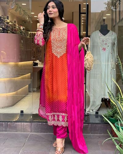 Image of GoSriKi Women's Rayon Blend Straight Embroidered Kurta with Pant & Dupatta