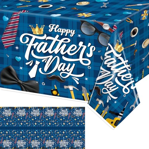 tineit 3 Pieces Fathers Day Tablecloth 108 * 54 Inch Fathers Day Decorations Tablecloth Blue Tie Hat Fathers Day Table Cloth Happy Fathers Day Tablecloth for Fathers Day Decorations