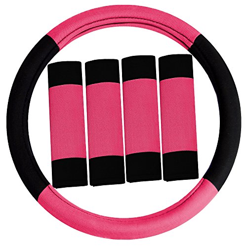 Image of FH Group Universal Fit Modernistic and Seat Belt Pads Combo Set Steering Wheel Cover Fits Most Cars, SUVs Pink
