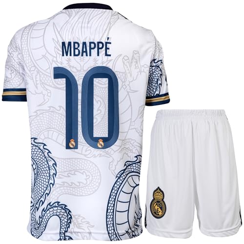 LeenBD Madrid #10 Mbappe Dragon Special Edition Kids Soccer Jersey Shirts Football Futbol Youth Sizes (White/Gold,164)