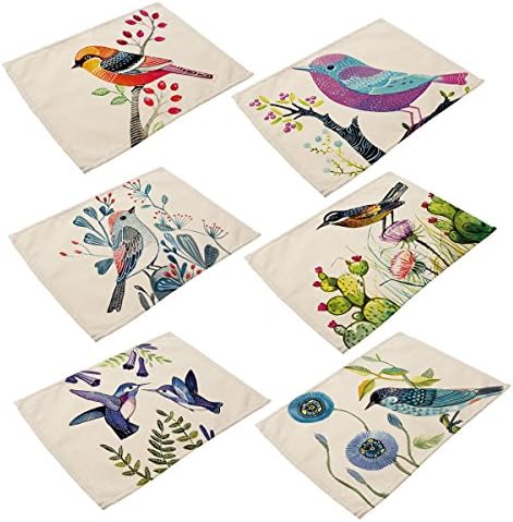 Cotton Linen Placemats Birds Painting Design Place Mats Home Decoration for Dinner Table,Indoor Outdoor Kitchen Table Mats Set of 6 (Bird)